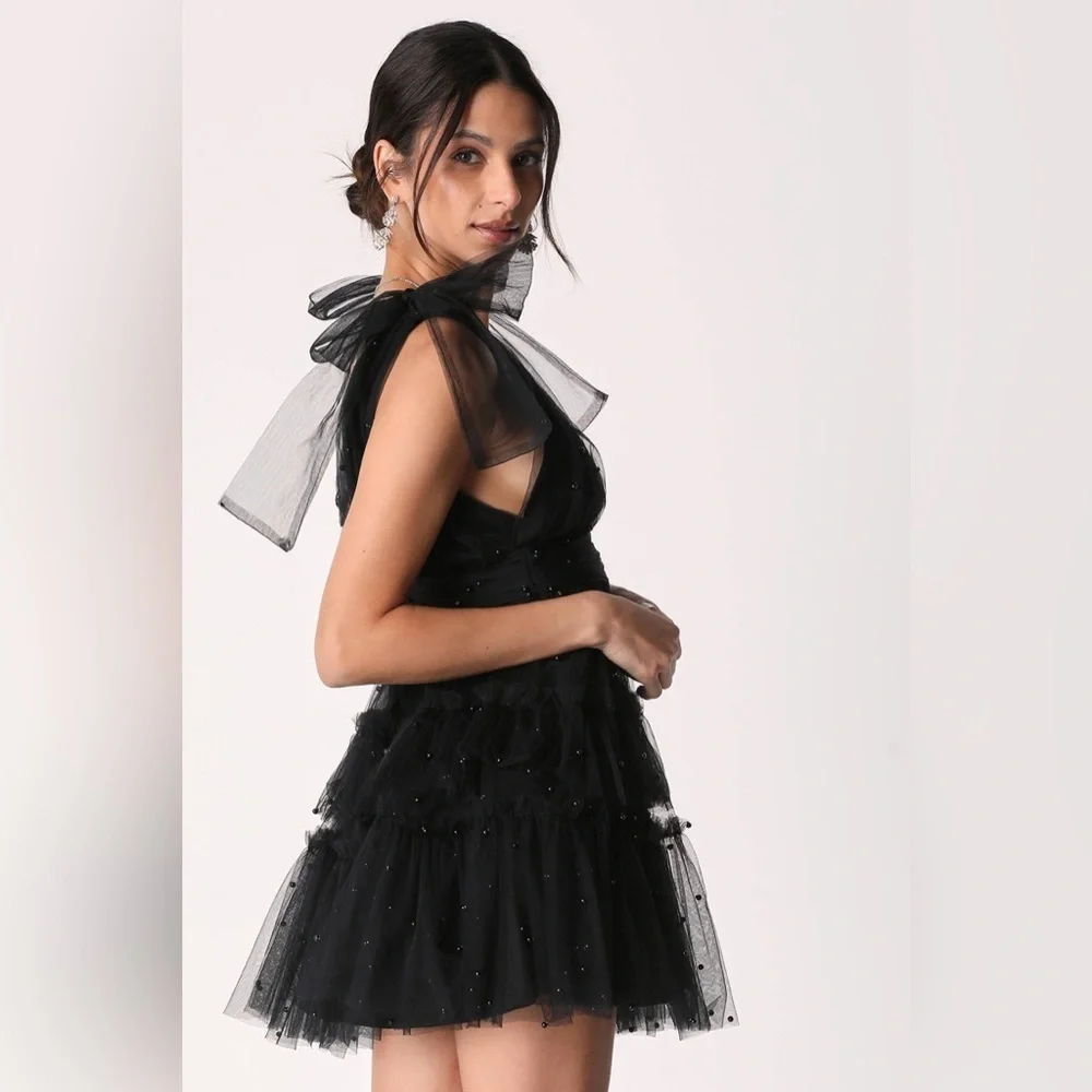 NEW Lulus Black Tulle Beaded Shoulder-Tie Tiered Mini Party Dress Women’s L READ - Picture 3 of 12